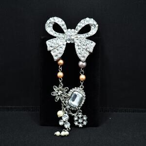 Bow Brooch, Dangling Hanging Charms, Faux Pearls, Vintage 1990s, 5 Inches